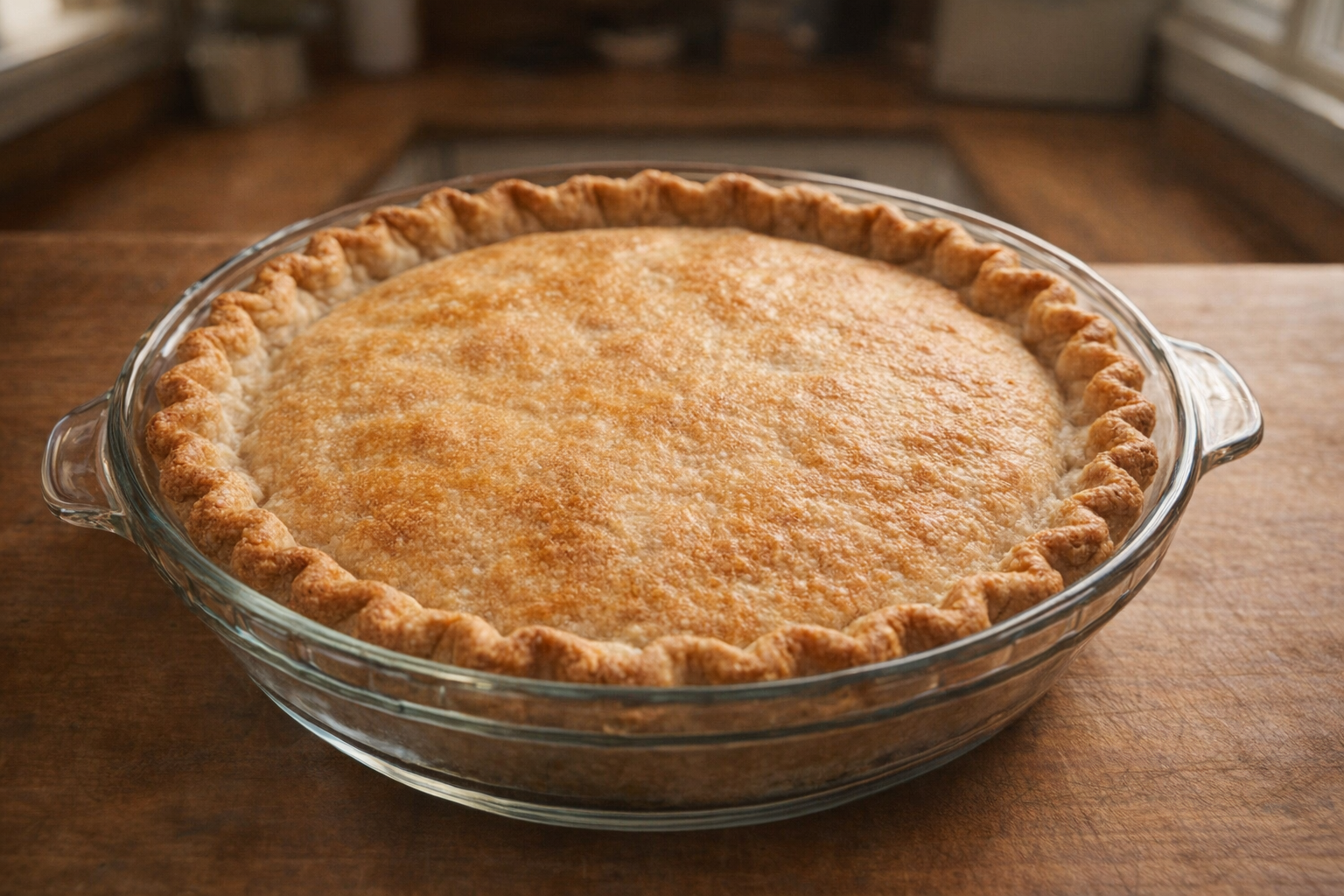 An overhead shot of a golden-brown, perfectly baked pie crust in a glass pie dish, with crimped edges, warm lighting